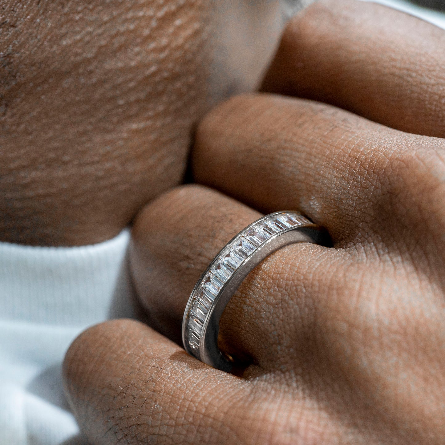 Mens Jewelry - 14K White Gold Iced Out VVS Baguette Eternity Ring | 4.6 Gram