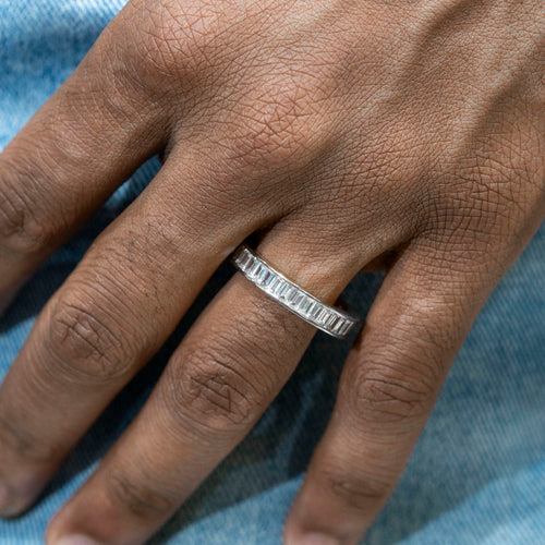 Mens Jewelry - 14K White Gold Iced Out VVS Baguette Eternity Ring | 4.6 Gram