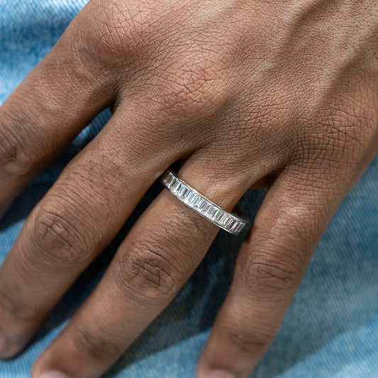 Mens Jewelry - 14K White Gold Iced Out VVS Baguette Eternity Ring | 4.6 Gram