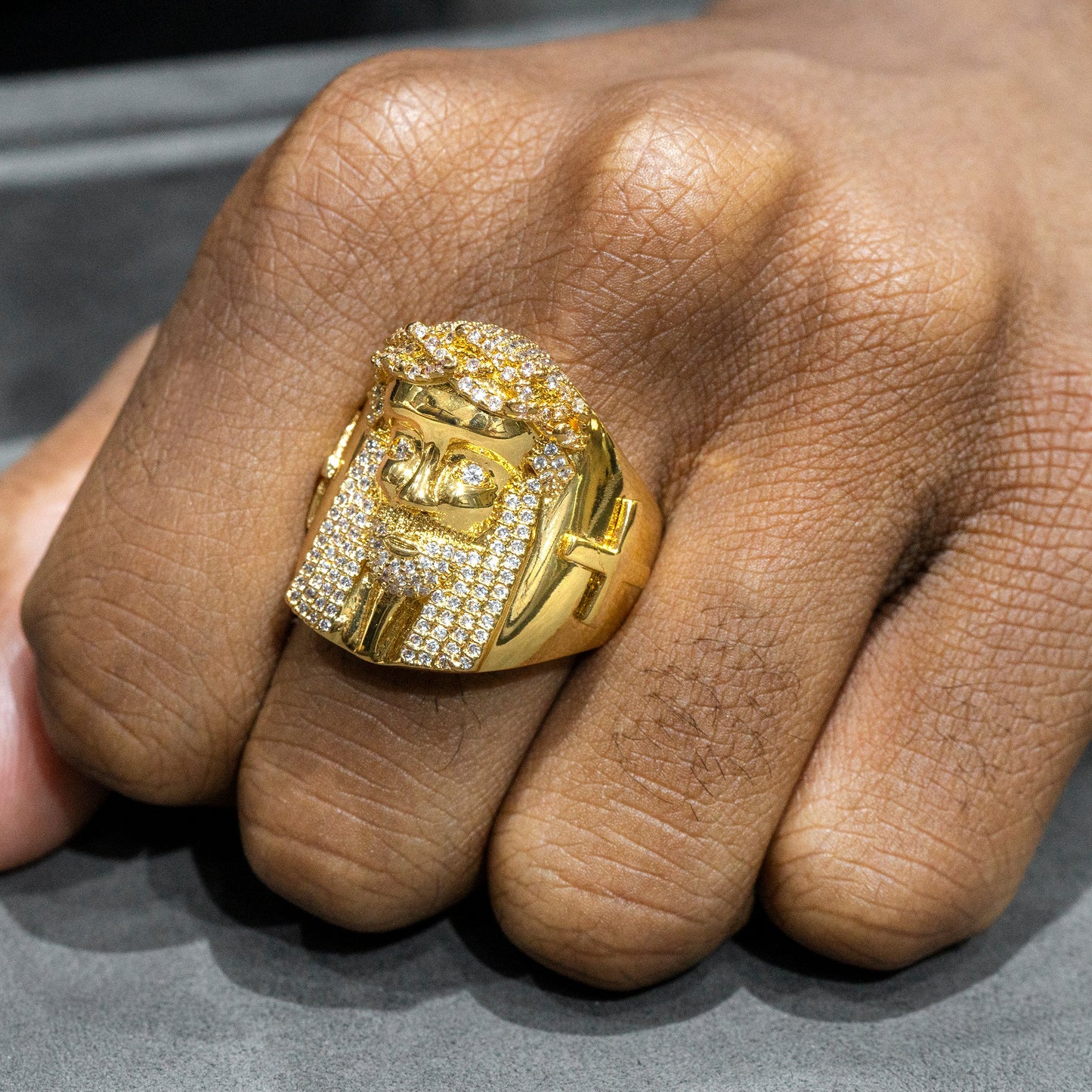Mens Jewelry - 14K Gold Iced Out VVS Jesus Ring | 14.8 Grams
