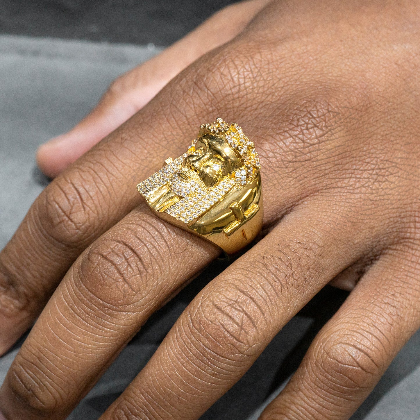 Mens Jewelry - 14K Gold Iced Out VVS Jesus Ring | 14.8 Grams