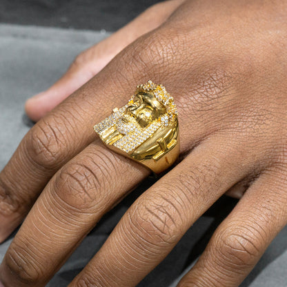 Mens Jewelry - 14K Gold Iced Out VVS Jesus Ring | 14.8 Grams