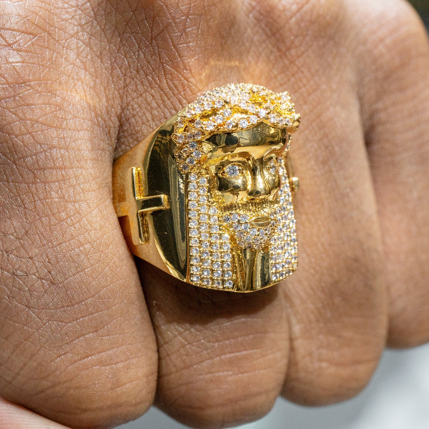 Mens Jewelry - 14K Gold Iced Out VVS Jesus Ring | 14.8 Grams
