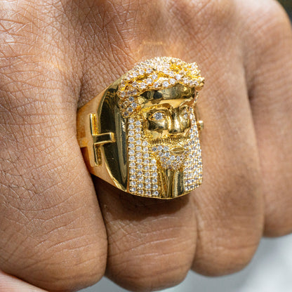 Mens Jewelry - 14K Gold Iced Out VVS Jesus Ring | 14.8 Grams