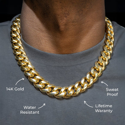 Gold Jewelry -  Mens 14K Gold Chain Solid Miami Cuban Link