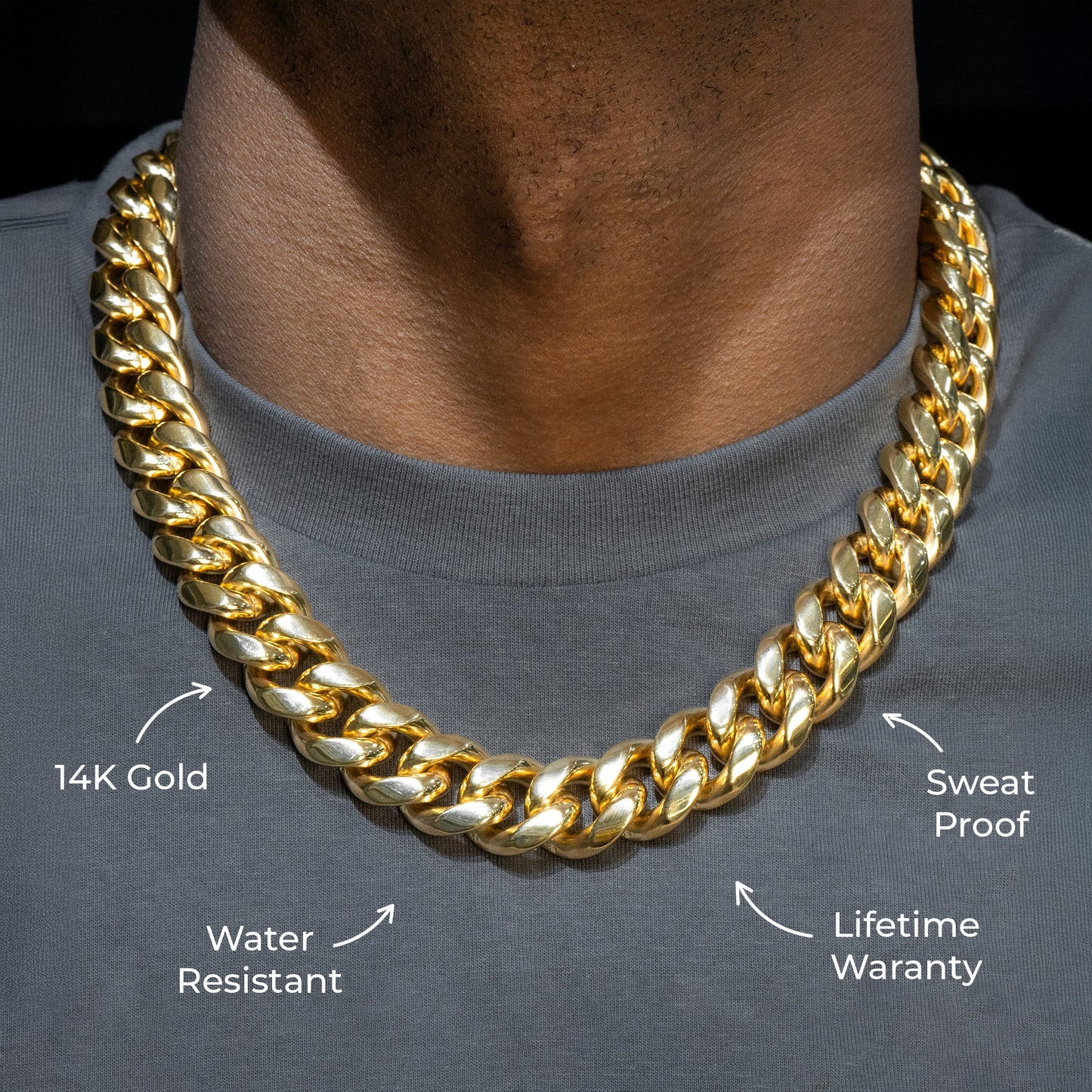 Gold Jewelry -  Mens 14K Gold Chain Solid Miami Cuban Link