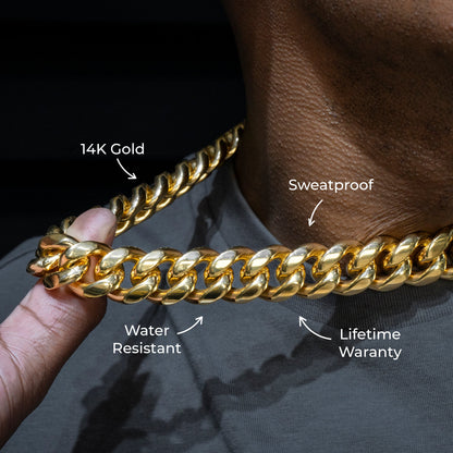 Gold Jewelry -  Mens 14K Gold Chain Solid Miami Cuban Link