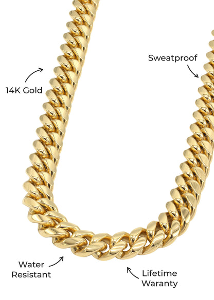 Gold Jewelry -  Mens 14K Gold Chain Solid Miami Cuban Link