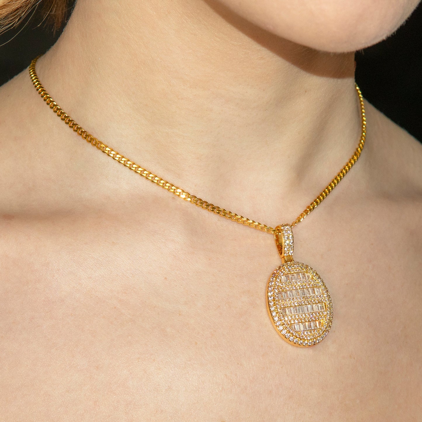 Womens Jewelry - Gold Iced Out VVS Oval Baguette Dog Tag Necklace | Appx. 17.4 Grams