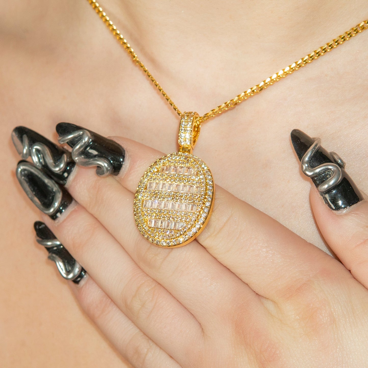Womens Jewelry - Gold Iced Out VVS Oval Baguette Dog Tag Necklace | Appx. 17.4 Grams