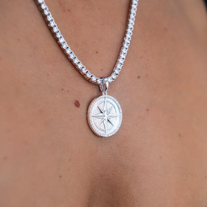 Compass Coin Pendant in White Gold