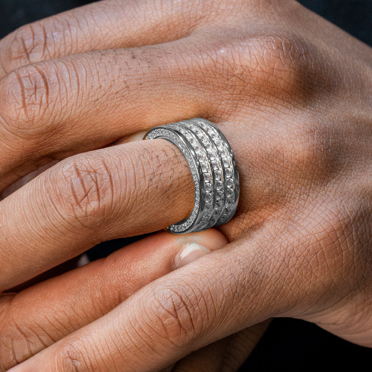 Mens Jewelry - 14K White Gold Iced Out VVS Triple Row Eternity Ring | 9.3 Grams