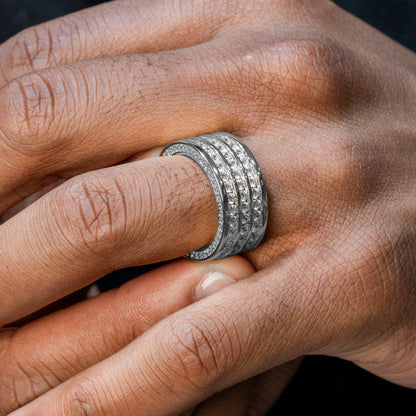 Mens Jewelry - 14K White Gold Iced Out VVS Triple Row Eternity Ring | 9.3 Grams