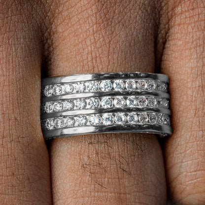 Mens Jewelry - 14K White Gold Iced Out VVS Triple Row Eternity Ring | 9.3 Grams