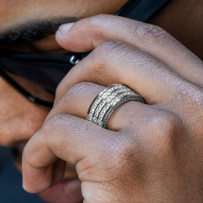 Mens Jewelry - 14K White Gold Iced Out VVS Triple Row Eternity Ring | 9.3 Grams