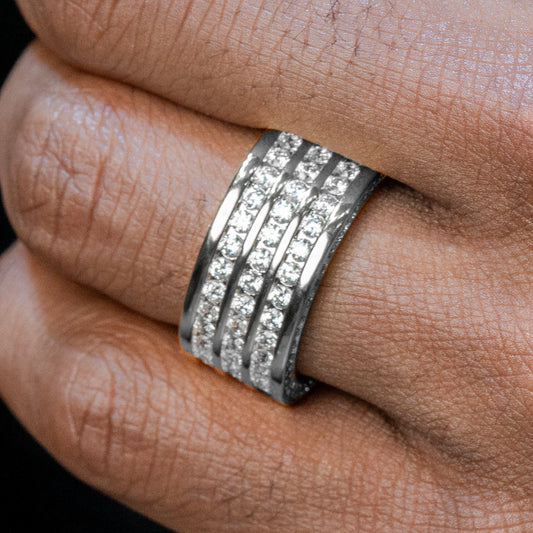 Mens Jewelry - 14K White Gold Iced Out VVS Triple Row Eternity Ring | 9.3 Grams