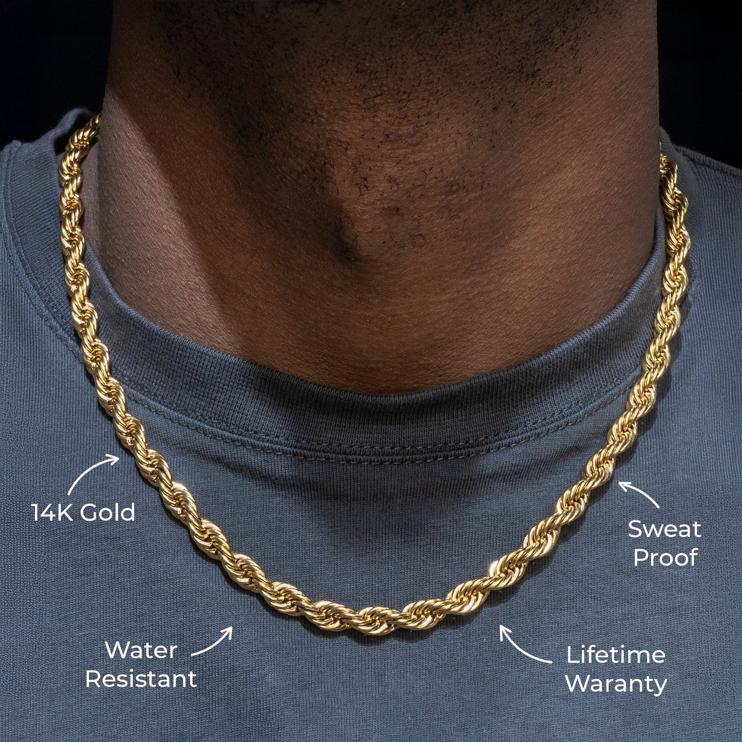 Gold Jewelry -  Mens 14K Gold Chain Solid Rope