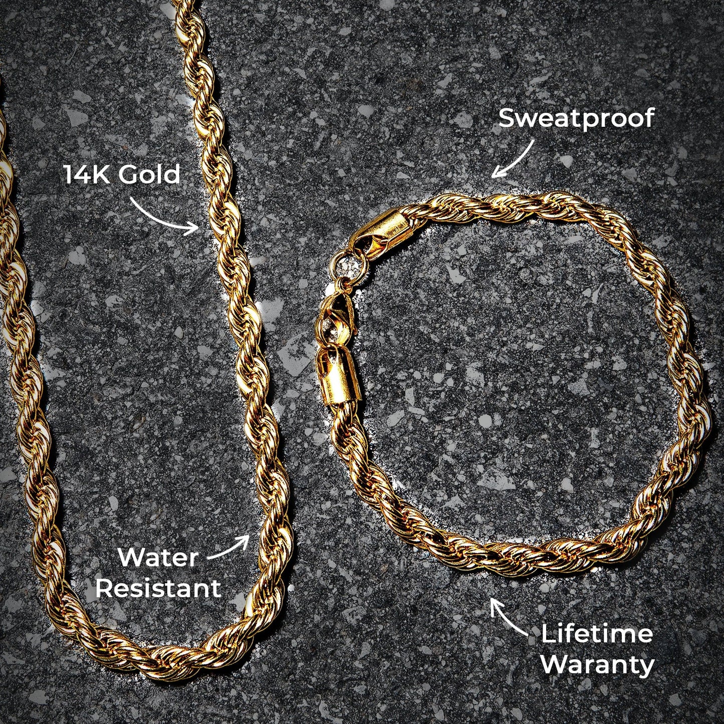 Mens Jewelry - 14K Solid Gold Rope Chain & Bracelet ( 6 Mm )