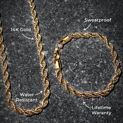 Mens Jewelry - 14K Solid Gold Rope Chain & Bracelet ( 6 Mm )