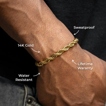 Gold Jewelry -  Mens 14K Gold Solid Rope Bracelet
