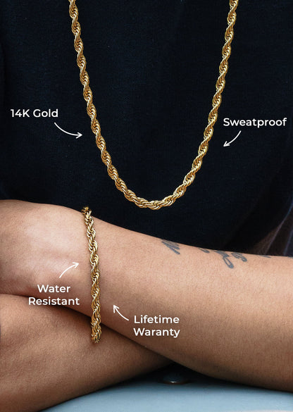 Mens Jewelry - 14K Solid Gold Rope Chain & Bracelet ( 6 Mm )