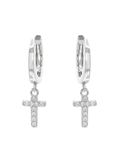 Mens Jewelry - Silver Iced Out VVS Hoop Cross Earring for Men | Appx. 2 Grams