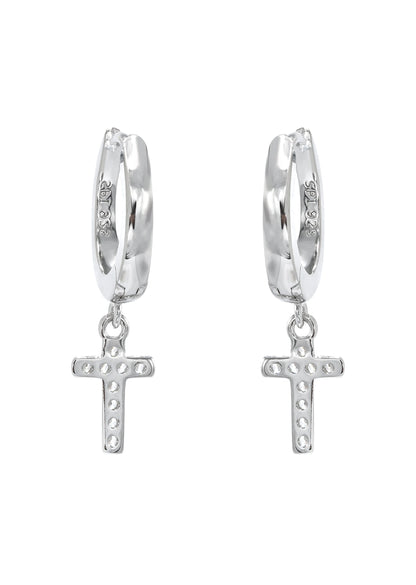 Mens Jewelry - Silver Iced Out VVS Hoop Cross Earring for Men | Appx. 2 Grams