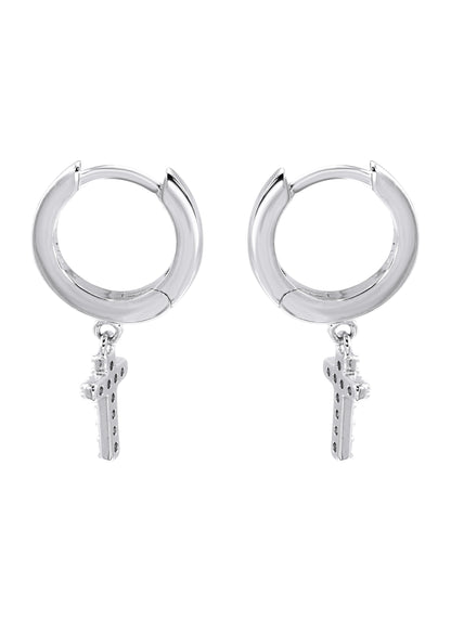 Mens Jewelry - Silver Iced Out VVS Hoop Cross Earring for Men | Appx. 2 Grams