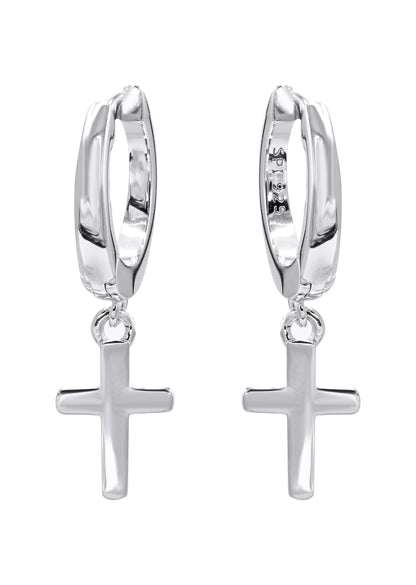 Mens Jewelry - Silver Iced Out VVS Hoop Cross Earrings for Men | Appx. 2 Grams