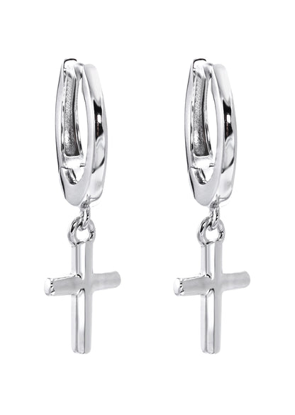 Mens Jewelry - Silver Iced Out VVS Hoop Cross Earrings for Men | Appx. 2 Grams