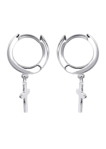 Mens Jewelry - Silver Iced Out VVS Hoop Cross Earrings for Men | Appx. 2 Grams