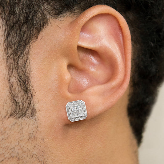 Mens Jewelry - Silver Square Halo Iced Out VVS Stud Earrings for Men | Appx. 5 Grams