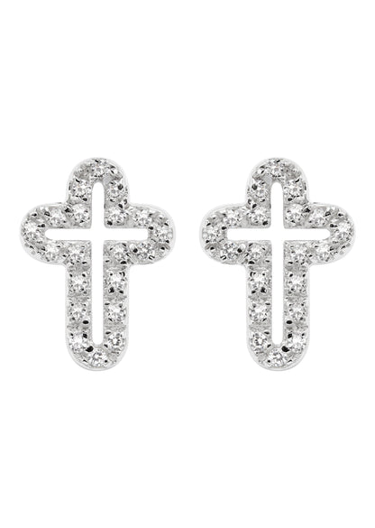 Mens Jewelry - Silver Open Cross Iced Out VVS Stud Earrings for Men | Appx. 2 Grams
