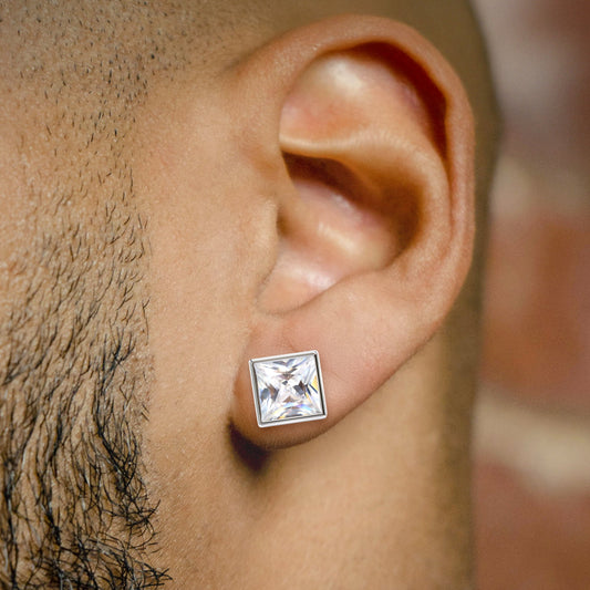 Mens Jewelry - Silver Iced Out VVS Stud Earrings for Men | Appx. 5.4 Grams
