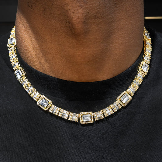 Gold Jewelry -  Mens 14K Gold Iced Out VVS Cluster Baguette Chain