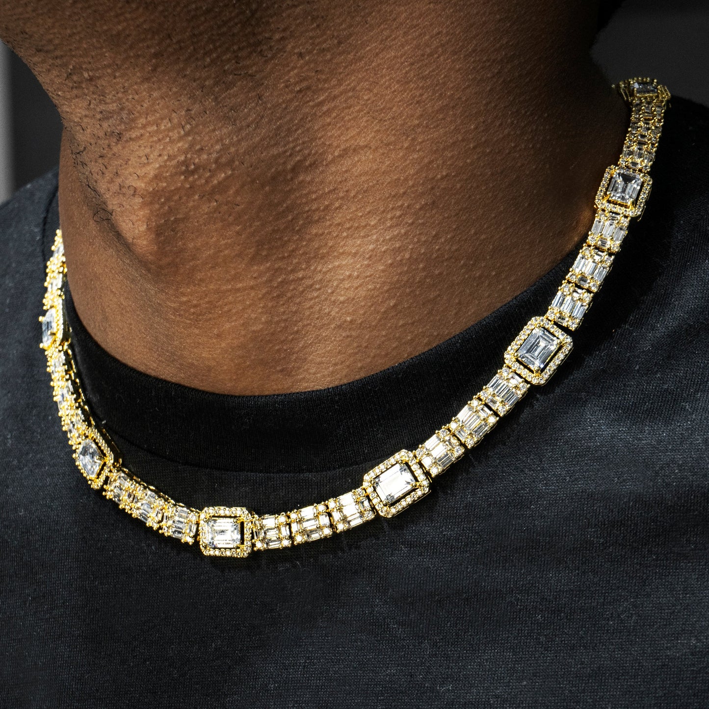 Gold Jewelry -  Mens 14K Gold Iced Out VVS Cluster Baguette Chain