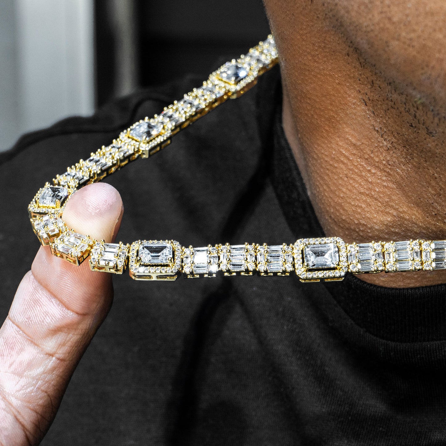 Gold Jewelry -  Mens 14K Gold Iced Out VVS Cluster Baguette Chain