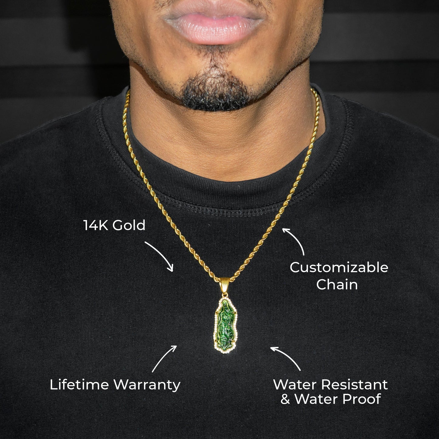 Mens Jewelry - 14K Gold Jade Virgin Mary Necklace | Appx. 7 Grams