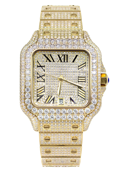 Mens Watch - Iced Out VVS Square Shape Roman Dial | Gold Stainless Steel Bust Down Watch