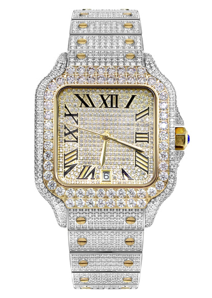 Mens Watch - Iced Out VVS Two Tone Roman Dial | Gold Stainless Steel Bust Down Watch
