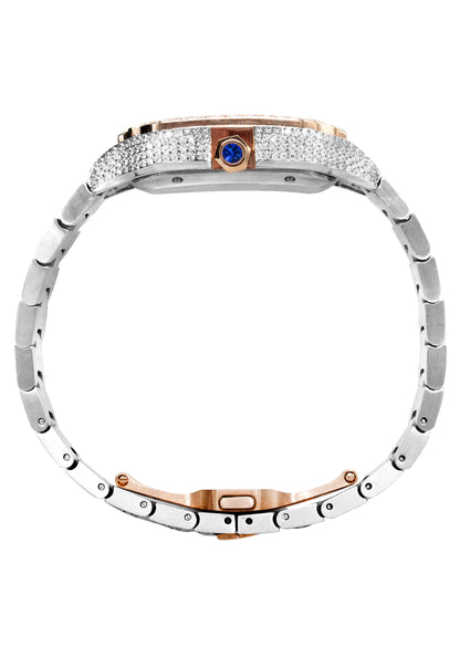Mens Watch - Iced Out VVS Square Two Tone Roman Dial Rose Gold | Stainless Steel Bust Down Watch