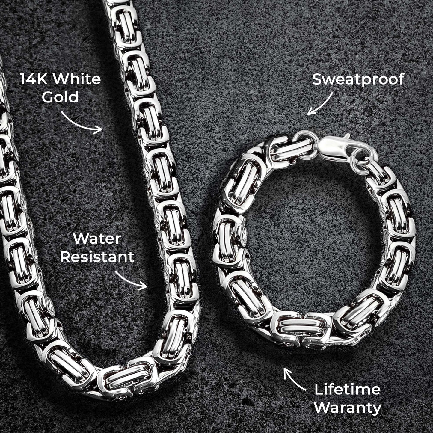 Mens Jewelry - Mens 14K White Gold Byzantine Chain & Bracelet