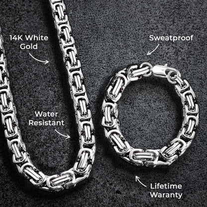 Mens Jewelry - Mens 14K White Gold Byzantine Chain & Bracelet