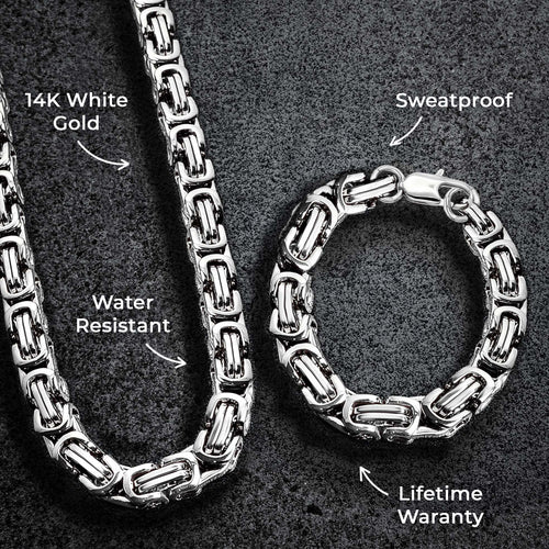 Mens Jewelry - Mens 14K White Gold Byzantine Chain & Bracelet