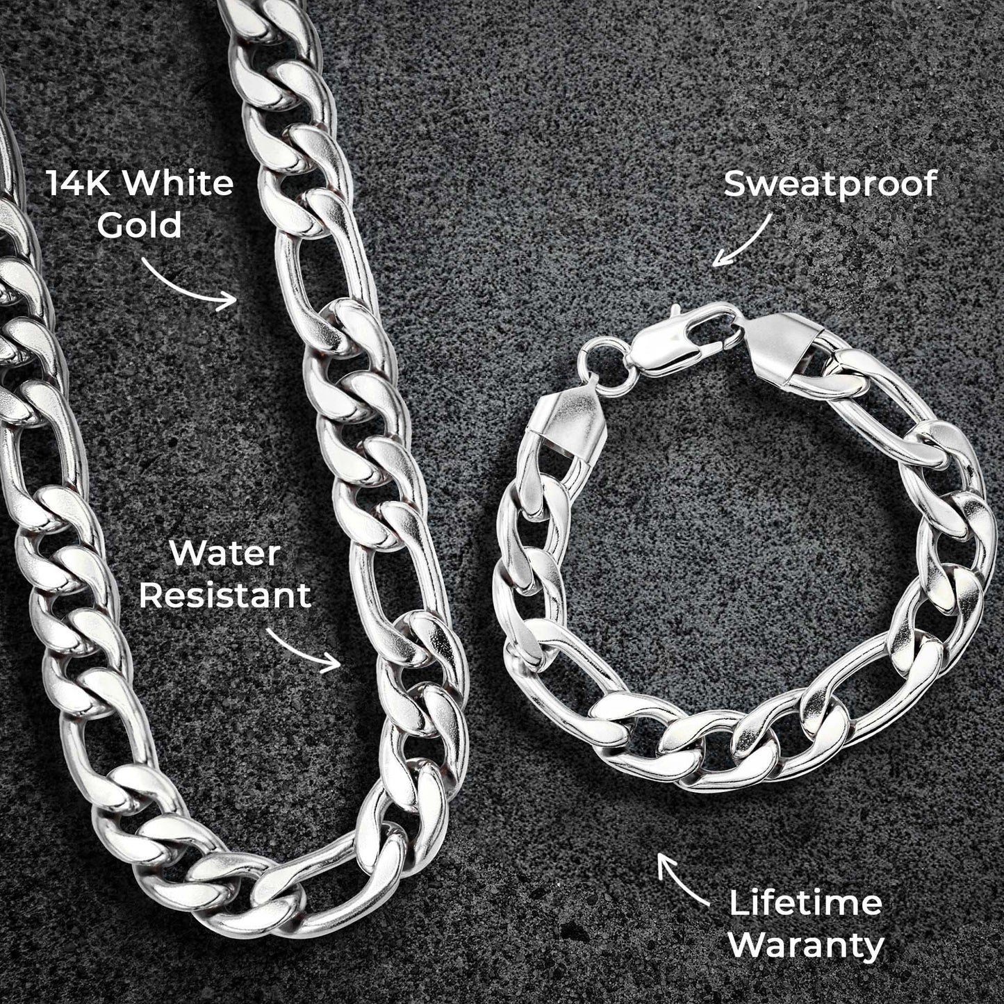 Mens Jewelry - Solid White Gold Figaro Chain & Bracelet