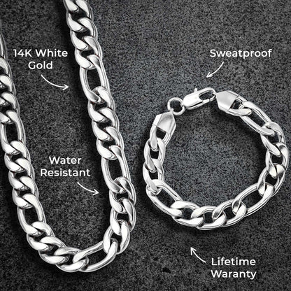 Mens Jewelry - Solid White Gold Figaro Chain & Bracelet