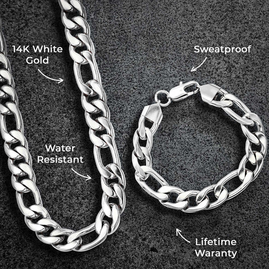 Mens Jewelry - Solid White Gold Figaro Chain & Bracelet