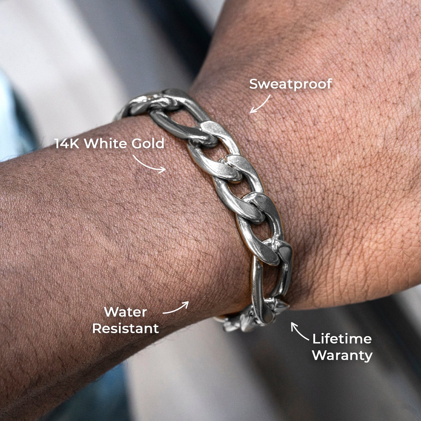 Mens Jewelry - Solid White Gold Figaro Chain & Bracelet