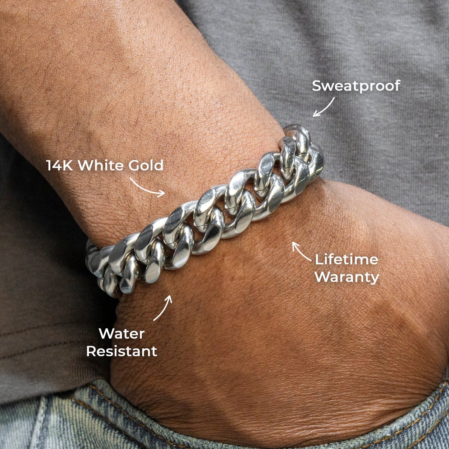Gold Jewelry -  Mens 14K White Gold Solid Miami Cuban Link Bracelet
