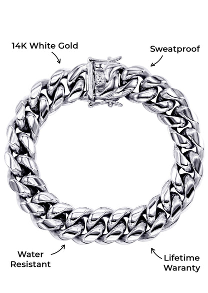 Gold Jewelry -  Mens 14K White Gold Solid Miami Cuban Link Bracelet